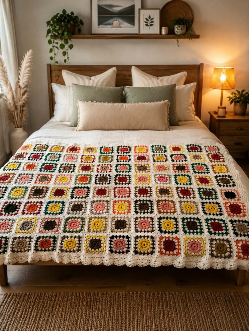 Vintage  Throw,Handmade Multicolor Crochet